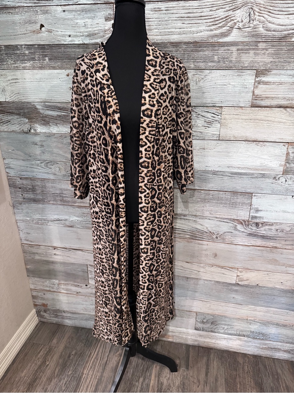 Crazy Train Leopard Print Open Front Maxi Open Cardigan - Beige & Black